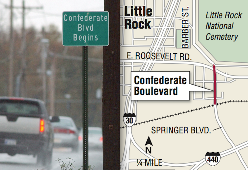 LEFT — In this Nov. 29, 2004 file photo, traffic passes a road sign designating Confederate Boulevard near downtown Little Rock. The Little Rock Planning Commission will consider a request to erase the remaining four blocks of Confederate Boulevard from city maps Thursday, Sept. 24, 2015. (AP Photo/Danny Johnston, File)
RIGHT — Arkansas Democrat-Gazette map showing Confederate Boulevard.