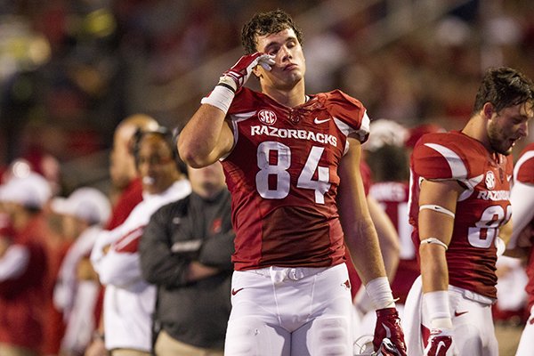 Arkansas tight end Hunter Henry reacts to a turnover in the closing minutes of the Razorbacks' 35-24 loss to Texas Tech on Saturday, Sept. 19, 2015, at Razorback Stadium in Fayetteville. 