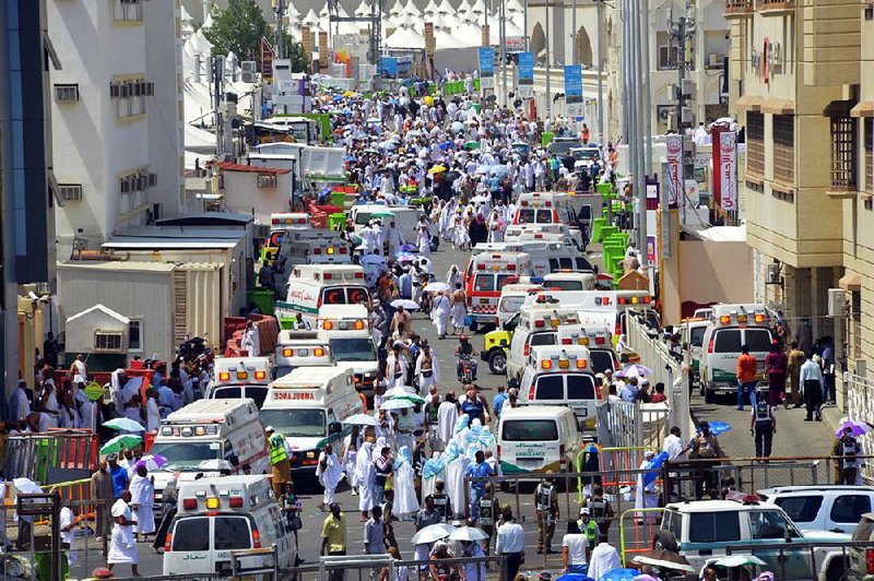 Ambulances line the street in Mecca on Thursday after people were crushed by the crowd in Mina, Saudi Arabia, during the annual hajj. 