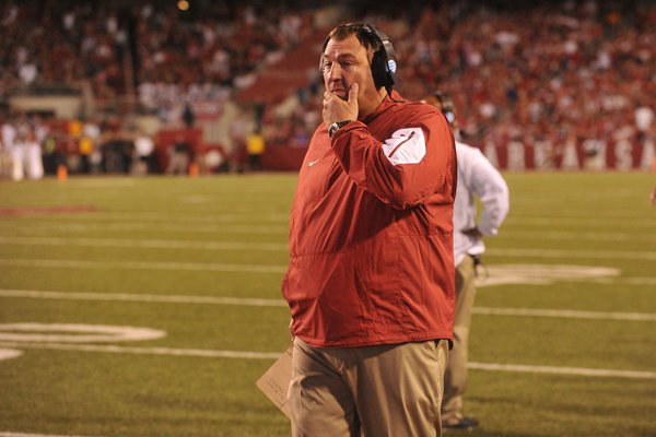 Arkansas head coach Bret Bielema on the sidelines during the fourth quarter of the Razorbacks' game against the Texas Tech Red Raiders Saturday, Sept. 19, 2015, at Razorback Stadium in Fayetteville.