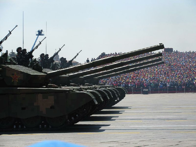 Chinese tanks in formation during the Sept. 3 military parade in Tiananmen Square.