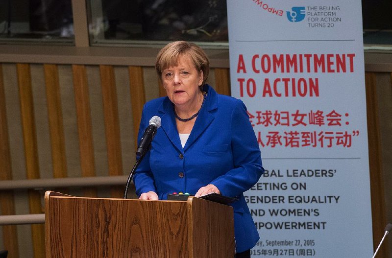 German Chancellor Angela Merkel speaks at the “Global Leader’s Meeting on Gender Equality and Women’s Empowerment: A Commitment to Action” on Sunday at United Nations headquarters. 