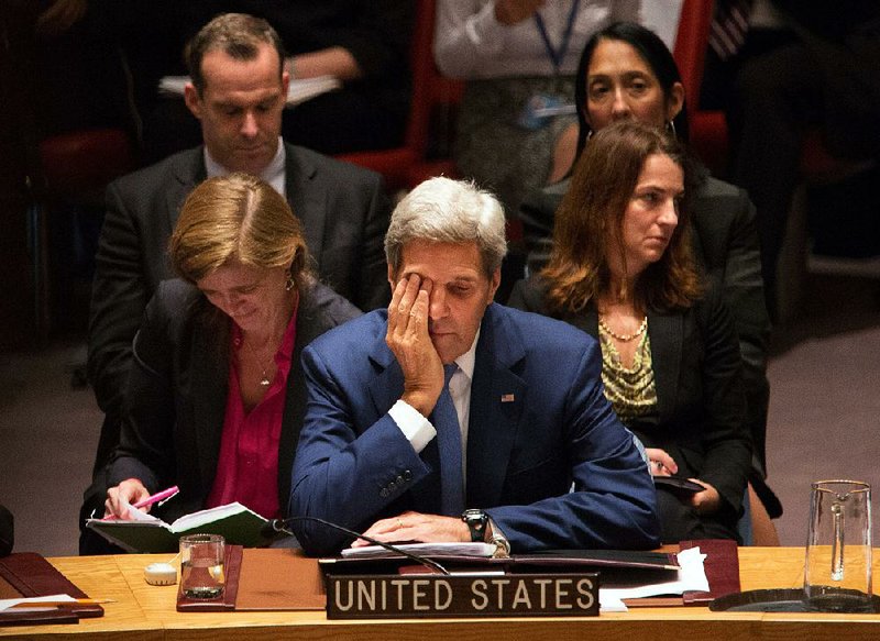 Secretary of State John Kerry attends a United Nations Security Council meeting Wednesday at U.N. headquarters. Kerry said the United States would have “grave concerns” if Russia were to strike targets in parts of Syria where Islamic State militants or al-Qaida forces were not operating. 