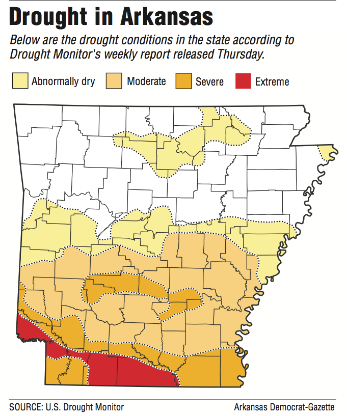A map showing the drought conditions in Arkansas.
