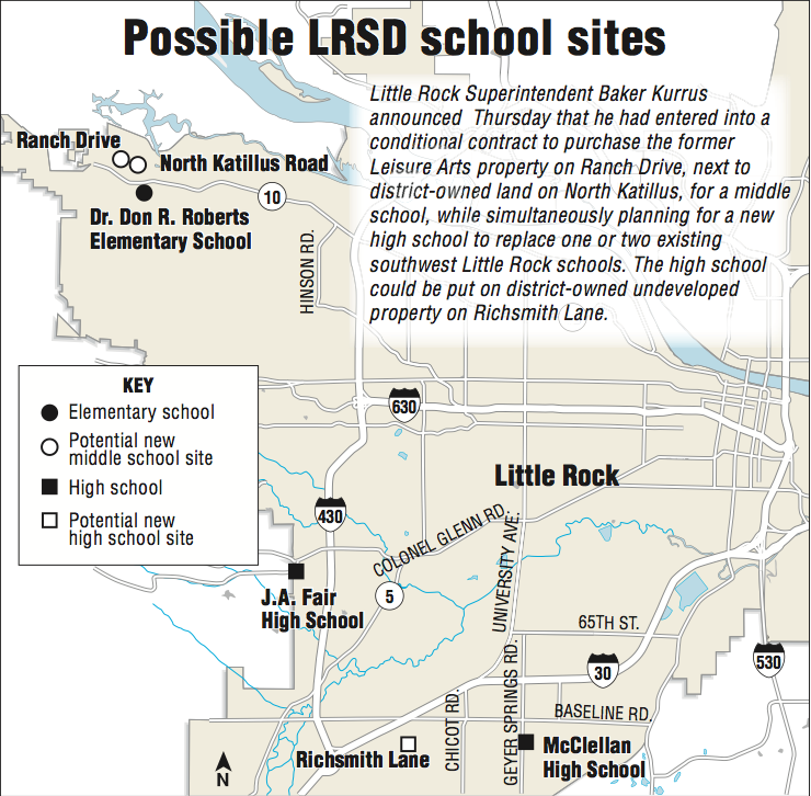 A map showing possible Little Rock School District school sites.