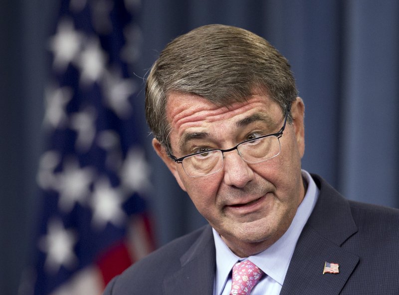 In this Sept. 30, 2015, photo Defense Secretary Ash Carter speaks to reporters during a news conference at the Pentagon. 