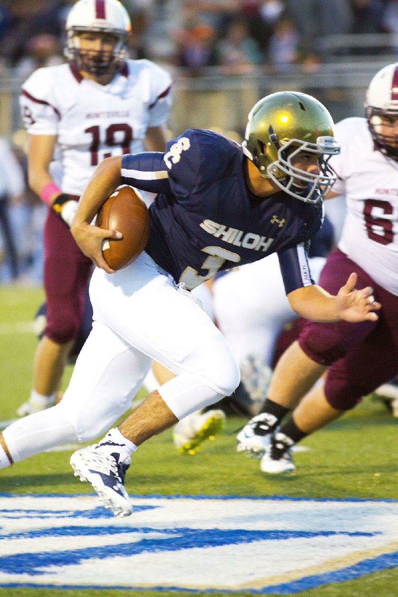 Shiloh Christian quarterback Connor Reece threw 4 touchdown passes, all to Tyler Roth, to lead the Saints to a 45-7 victory over Huntsville on Friday at Champions Stadium in Springdale. The touchdown passes went for 53, 23, 64 and 16 yards. For more high school football photos, visit arkansasonline.com/galleries.