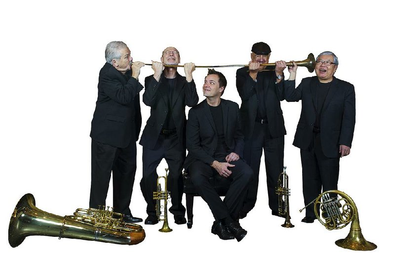 Saint Louis Brass — (from left) Daniel Perantoni, tuba; Allan Dean, trumpet; Melvyn Jernigan, trombone; Ray Sasaki, trumpet; and Jeff Nelson, French horn — performs Tuesday at the University of Arkansas at Little Rock.

