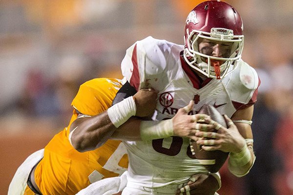 Arkansas receiver Drew Morgan runs during the second half of a game against Tennessee on Saturday, Oct. 3, 2015, at Neyland Stadium in Knoxville, Tenn. 