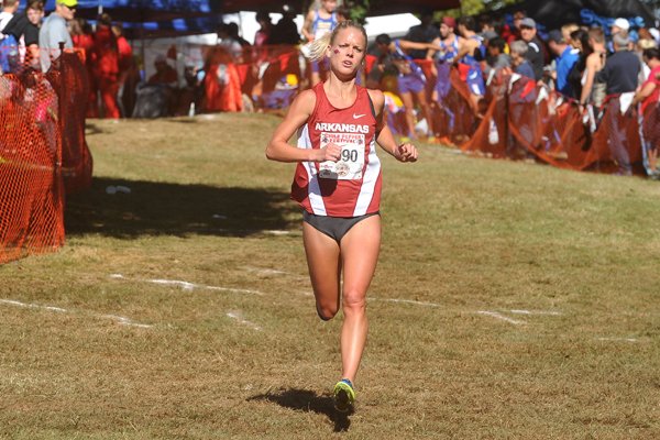 Arkansas cross country runner Dominique Scott leads the pack as she competes in the College Women's 5000m at the 2015 Chile Pepper Cross Country Festival on Saturday, Oct. 3, 2015, in Fayetteville.