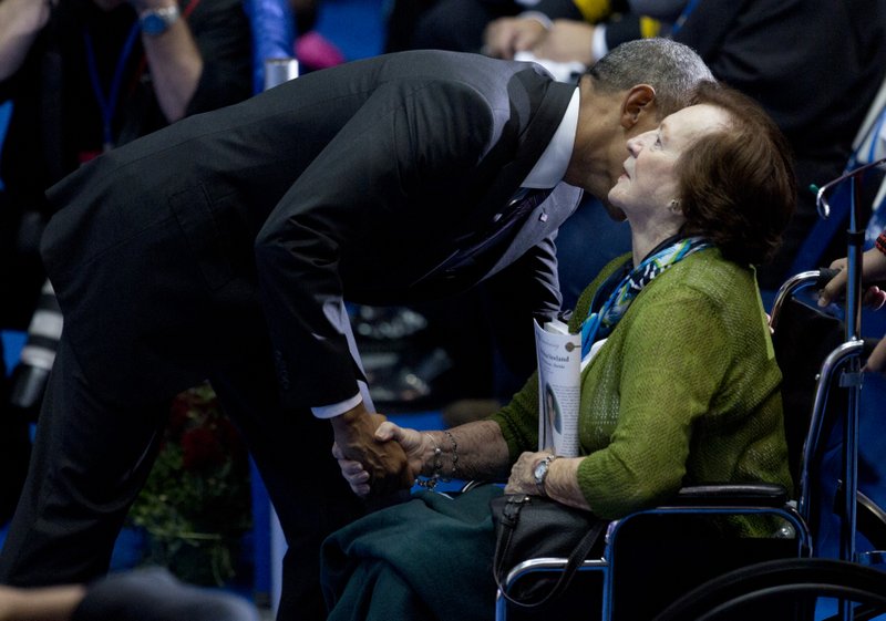 President Barack Obama greets family members and coworkers of fallen firefighters during the National Fallen Firefighters Memorial Service at Mount St. Mary’s University’s Knott Athletic Recreation Convocation Complex (ARCC) in Emmitsburg, Md., Sunday, Oct. 4, 2015, to honor 84 firefighters who died in the line of duty in 2014 and three firefighters who died in previous years. 