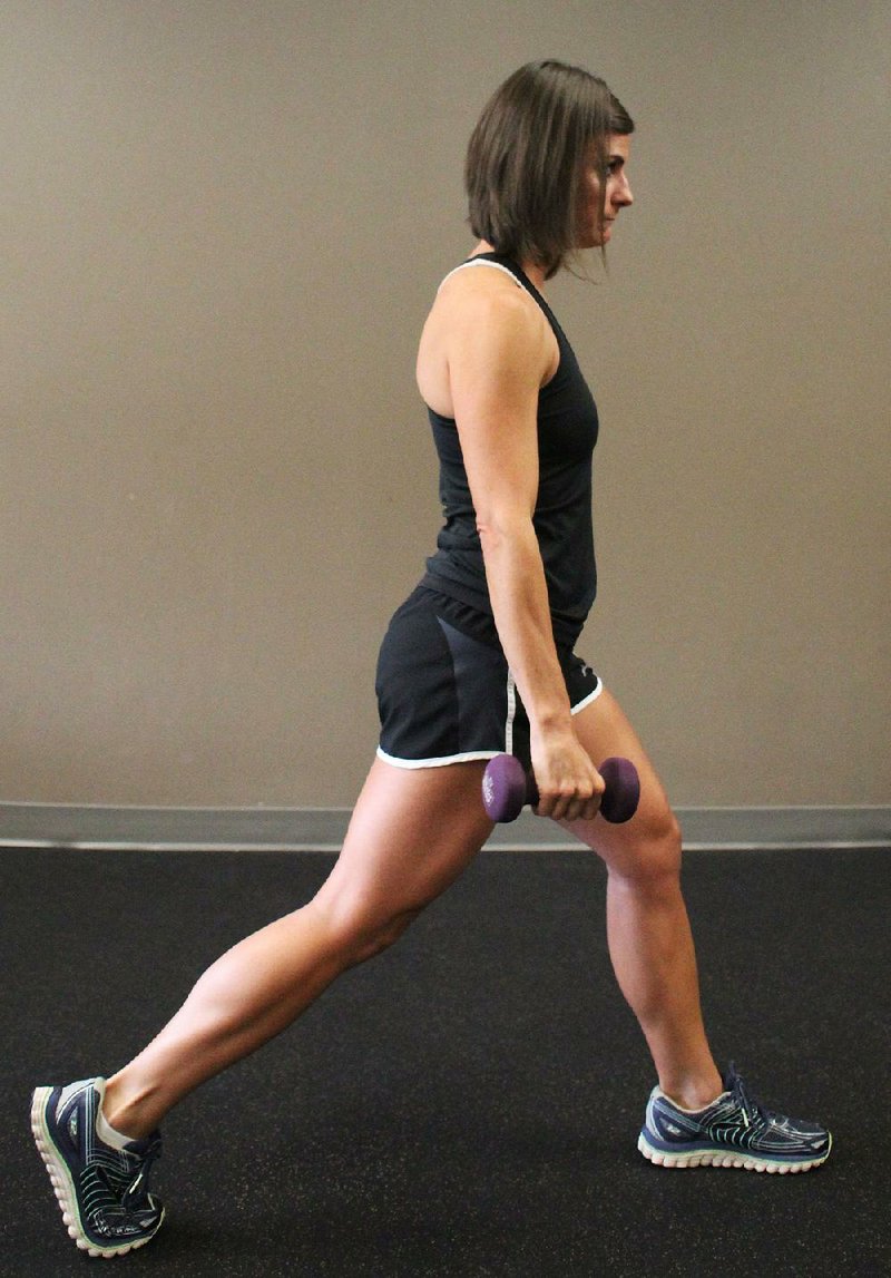 Aimee Parkinson does step 1 and 5 of the Split Squat to Lateral Raise exercise 
