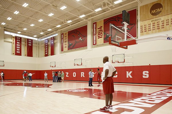 Arkansas coach Mike Anderson watches during media day at the team's basketball center on Monday, Oct. 5, 2015, in Fayetteville.