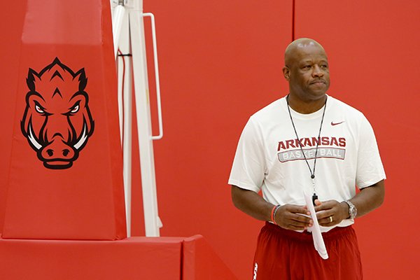 Arkansas coach Mike Anderson watches during practice at the team's basketball center on Monday, Oct. 5, 2015, in Fayetteville. 