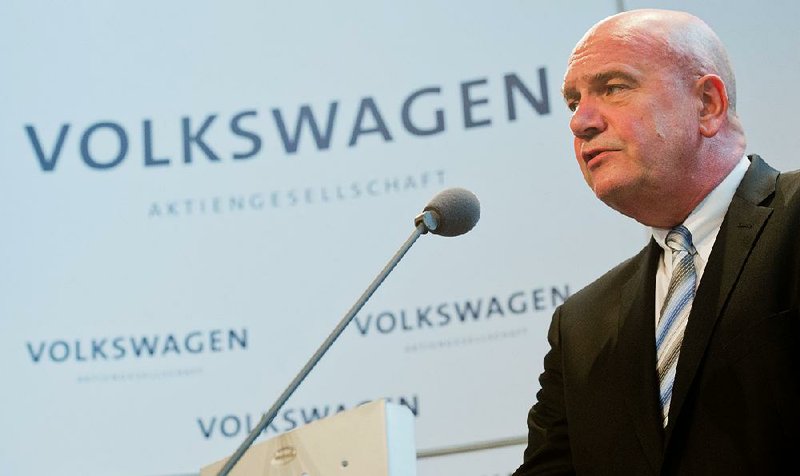 Bernd Osterloh, head of Volkswagen’s employee council, speaks Tuesday during a news conference in Wolfsburg, Germany. 