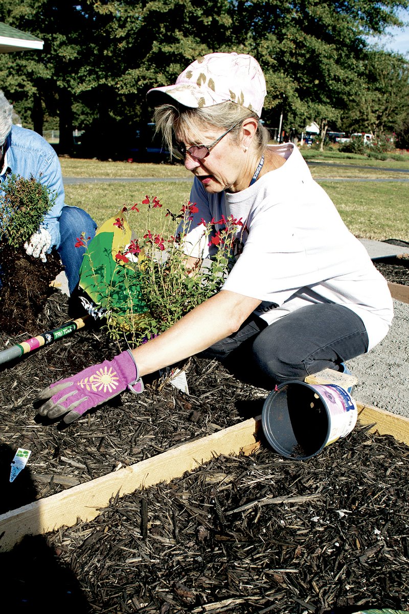 Jeanette Liles tends to plants at the new butterfly garden at Daniel Park in Beebe.