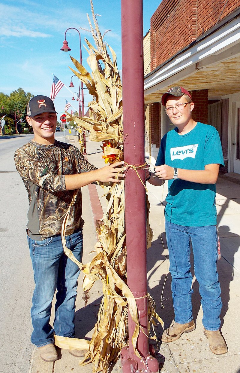 Photo by Randy Moll Gentry High School students Sky Crowell, 17, and Zach Beer, 16, tie fall decorations on the lamp posts in downtown Gentry on Thursday. About 20 students assisted the Gentry Chamber of Commerce with the job.