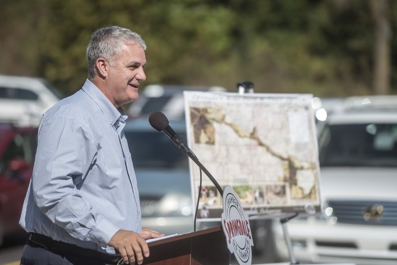 Mayor Doug Sprouse speaks opening Tuesday for the trailhead in Springdale.