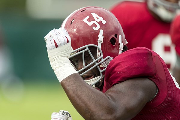 Alabama defensive lineman Dalvin Tomlinson works through drills during an NCAA college football practice, Tuesday, Sept. 29, 2015, in Tuscaloosa, Ala. (Vasha Hunt/The Tuscaloosa News via AP)