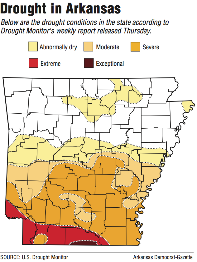 A maps showing the drought conditions in Arkansas.