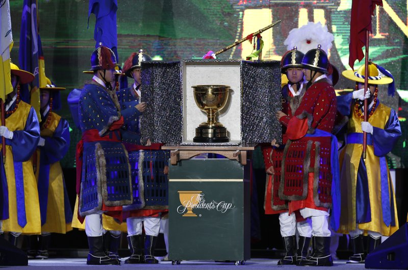 The Presidents Cup is displayed during an opening ceremony for the 2015 Presidents Cup golf tournament in Incheon, South Korea, Wednesday, Oct. 7, 2015.