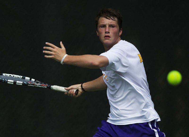 Parker Stearns defeated Van Buren’s Braydon Montgomery 6-4, 6-2 Thursday in the title match at the 7A-Central Conference championship at Rebsamen Tennis Center.