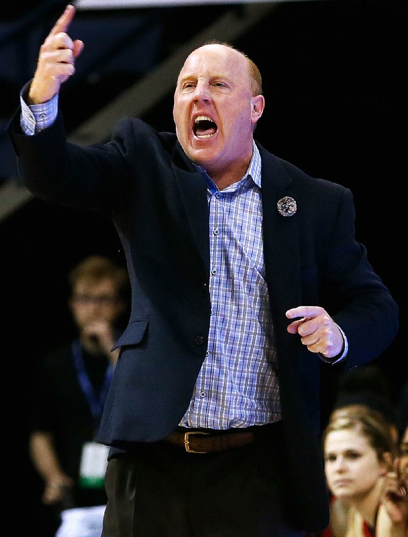 ASU head coach Brian Boyer reacts during first half action against UALR in the championship game of the Sunbelt Tournament in New Orleans, March 14, 2015. 