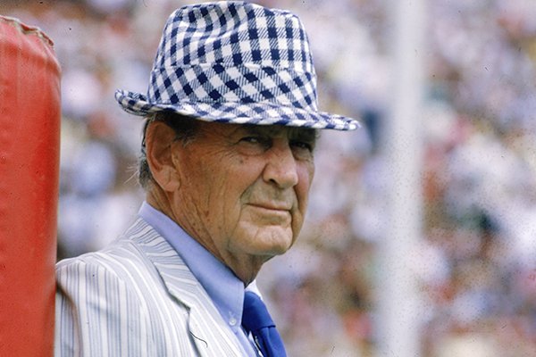 In this Sept. 1980, file photo, Alabama coach Paul "Bear" Bryant wears his usual hat during a football game in Tuscaloosa, Ala. (AP Photo/Joe Holloway Jr., File)