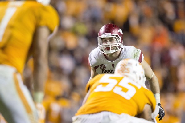 Arkansas linebacker Brooks Ellis looks into Tennessee's backfield during their game Saturday, Oct. 3, 2015, in Knoxville, Tennessee.