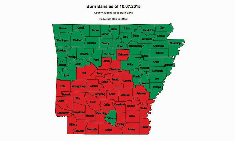 Arkansas Burn Ban maps are maintained by the Arkansas Forestry Commission Dispatch Center at www.arkfireinfo.org 24 hours, every day, based on Burn Ban declarations by county judges. Counties in red are under a burn ban. This map was issued Wednesday.
