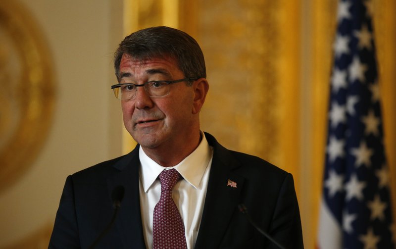 U.S. Secretary of Defense Ashton Carter speaks during a press conference held with Britain's Secretary of State for Defence Michael Fallon, at Lancaster house in London, Friday, Oct. 9, 2015.