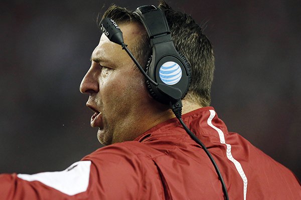 Arkansas head coach Bret Bielema yells plays towards his team in the first half of an NCAA college football game against Alabama, Saturday, Oct. 10, 2015, in Tuscaloosa, Ala. (AP Photo/Brynn Anderson)