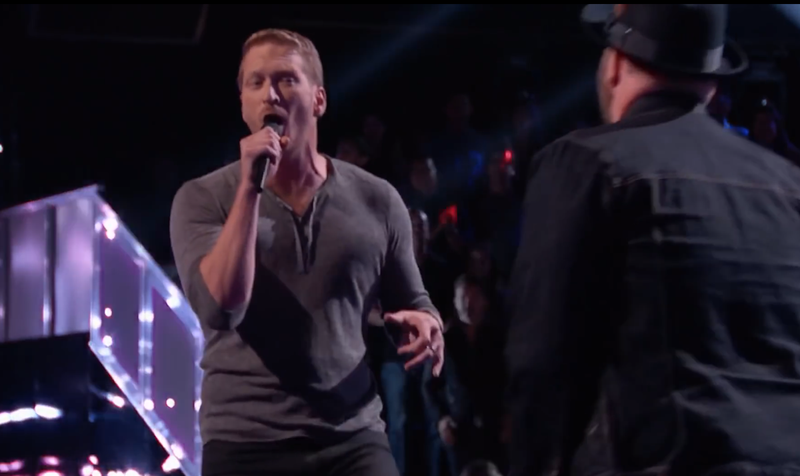 Marion native Barrett Baber (left) and Dustin Christensen of Orem, Utah, (right) sing Marc Cohn's "Walking in Memphis" on stage during a battle round on NBC's "The Voice." The episode will air at 7 p.m. Monday.