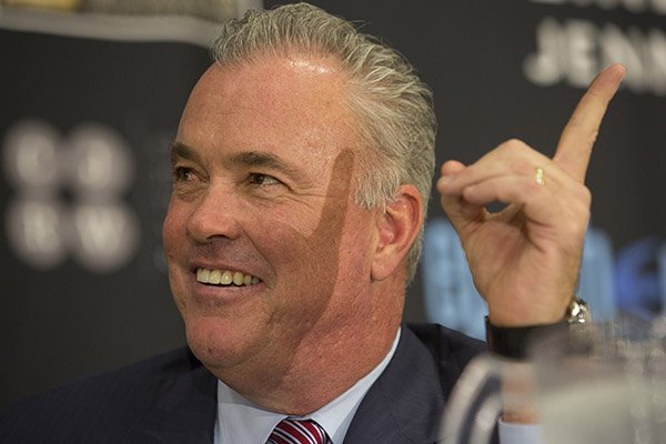 Dallas Cowboys COO Stephen Jones reacts to comments by Rex Nelson before addressing the Little Rock Touchdown Club October 12, 2015 at Embassy Suites.