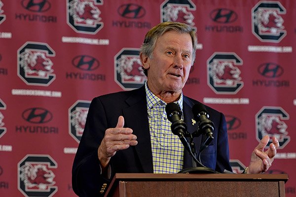 South Carolina head football coach Steve Spurrier speaks during a news conference to announce he is resigning on Tuesday, Oct. 13, 2015, at the University Of South Carolina, in Columbia, S.C. (AP Photo/Richard Shiro)