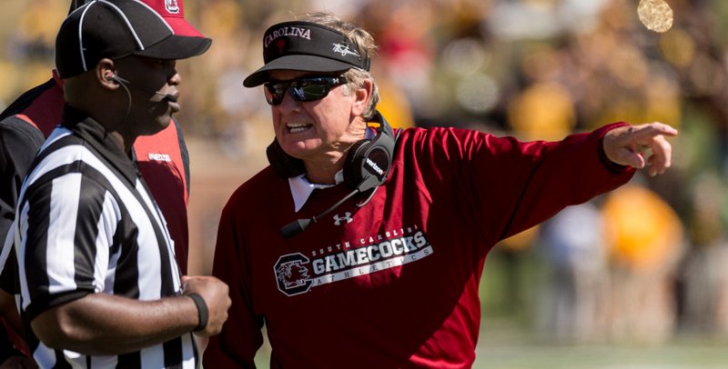 South Carolina head coach Steve Spurrier argues a call during the first quarter of an NCAA college football game against Missouri Saturday, Oct. 3, 2015, in Columbia, Mo. (AP Photo/L.G. Patterson)
