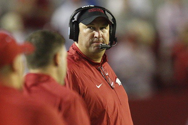 Arkansas coach Bret Bielema watches from the sideline during a game Saturday, Oct. 10, 2015, at Bryant-Denny Stadium in Tuscaloosa, Ala. 