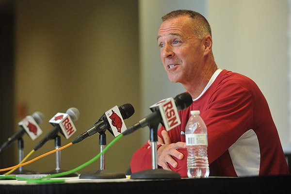 Arkansas coach Jimmy Dykes speaks during a press conference Wednesday, Oct. 14, 2015, at the Razorbacks' basketball practice facility in Fayetteville. 