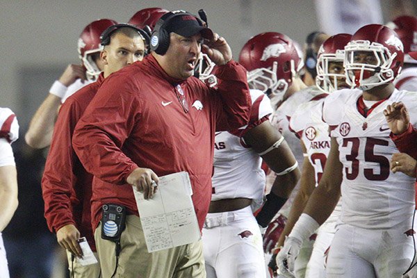 Arkansas coach Bret Bielema reacts on the sideline during a game against Alabama on Saturday, Oct. 10, 2015, at Bryant-Denny Stadium in Tuscaloosa, Ala. 