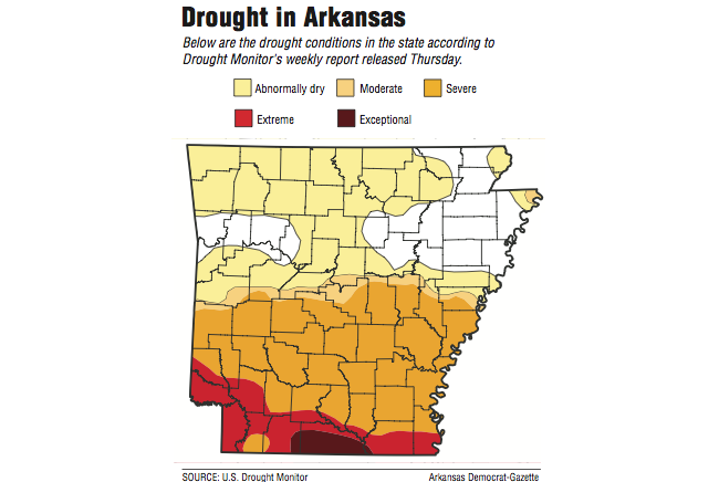 A map showing the drought conditions in Arkansas.