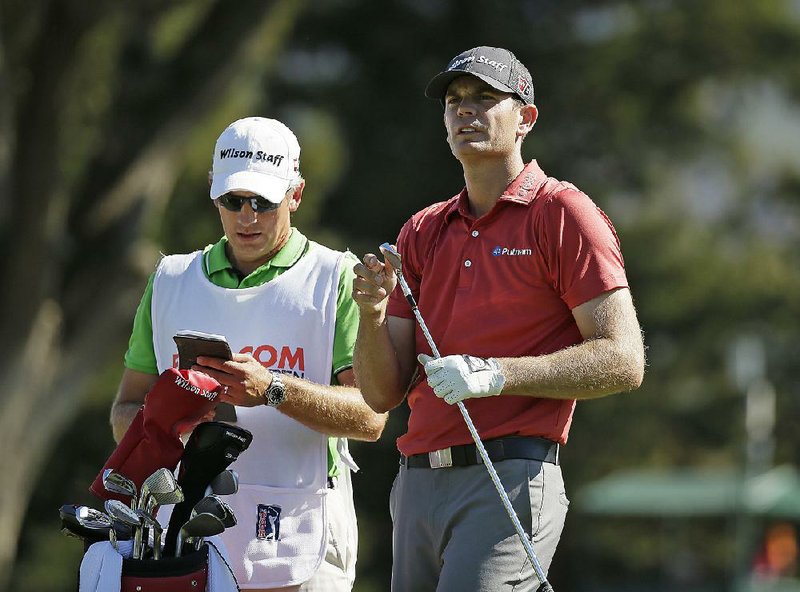 Brendan Steele waits to hit from the second tee of the Silverado Resort North Course during the second round of the Frys.com PGA Tour golf tournament Friday, Oct. 16, 2015, in Napa, Calif. 