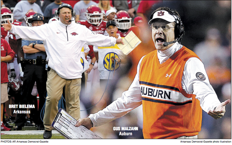 Arkansas coach Bret Bielema and Auburn coach Gus Malzahn