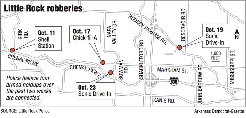 A map showing the location of recent robberies that police believe are connected.