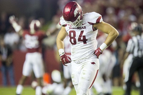 Arkansas tight end Hunter Henry (84) hangs his head following an Alabama interception during the fourth quarter on Saturday, Oct. 10, 2015, at Bryant-Denny Stadium in Tuscaloosa, Ala.
