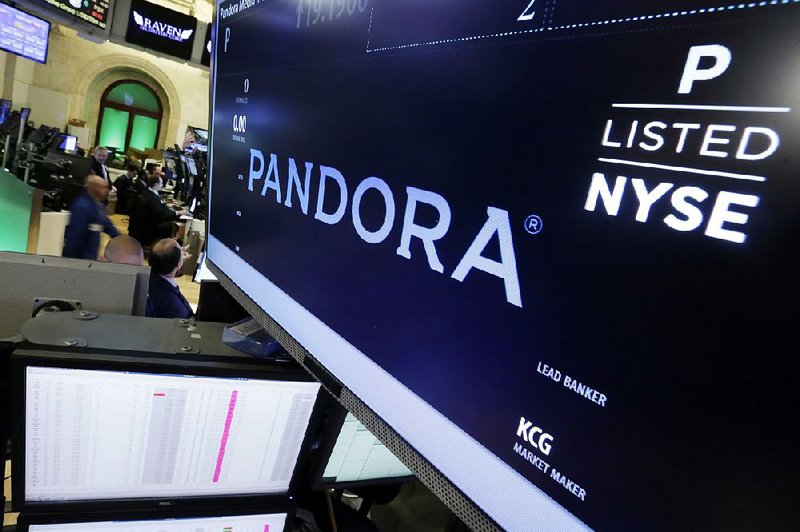 Pandora is displayed above a post where it trades on the floor of the New York Stock Exchange.