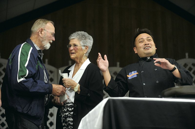 Norma and Ernest Deines, a couple married for 61 years, joined Patalinghug on the stage at St. Joseph. The cooking priest looks to long married couples of an example of what the church wants for marriage.