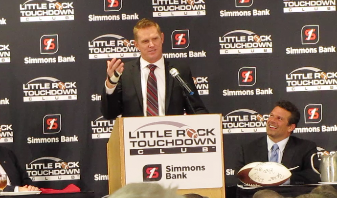 Arkansas State Coach Blake Anderson addresses the Little Rock Touchdown Club on Monday, Oct. 26, 2015. 