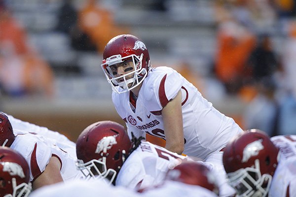 Arkansas quarterback Brandon Allen (10) is shown before the start of an NCAA college football game against Tennessee Saturday, Oct. 3, 2015 in Knoxville, Tenn. (AP Photo/Wade Payne)