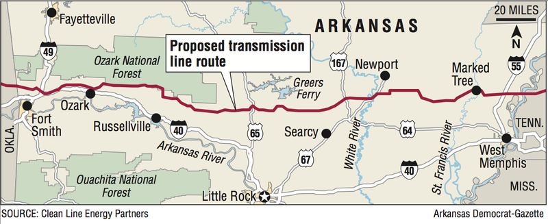 A map showing the proposed transmission line route.