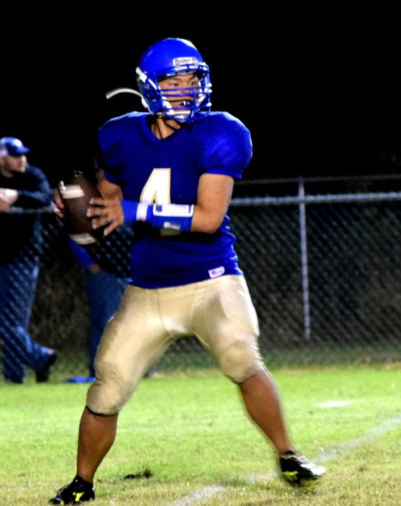 Photo by Mike Eckels Meng Vang (Decatur #4), in his last home game of his high school career, looks for a receiver down field during the Decatur-Hector matchup at Bulldog Stadium in Decatur Oct. 23. Vang, not finding a receiver open, ran the ball for a short gain.